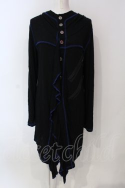 画像1: ALGONQUINS / スカルプリントフリルカットフードカーディガン  ブラック*　ブルー O-25-06-21-131-AL-TO-IG-OS