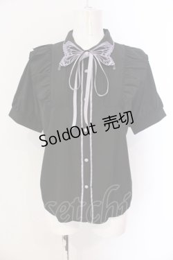 画像1: axes femme POETIQUE / バタフライ刺繍襟半袖ブラウス M クロ×パープル O-25-06-23-054-AX-BL-OW-OS