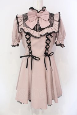 画像1: Secret Honey / サイドレースアップレースヨーク半袖ワンピース  ピンク×クロ O-25-06-23-059-CA-OP-IG-OS