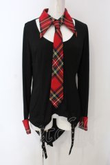 Qutie Frash / タータンチェックネクタイ付きブラウス  ブラック×レッドタータン O-25-06-30-123-QU-TO-IG-OS