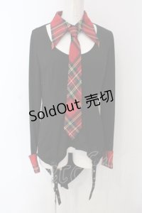 Qutie Frash / タータンチェックネクタイ付きブラウス  ブラック×レッドタータン O-25-06-30-123-QU-TO-IG-ZI