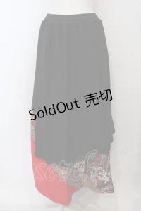 Qutie Frash / シフォンラップ和柄ロングスカート  ブラック×レッド O-25-06-30-141-QU-SK-IG-OS