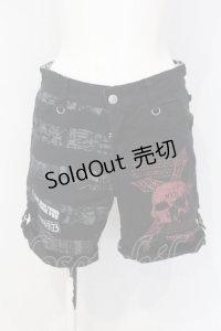 MAD / スカルptショートパンツ S ブラック×レッド O-25-07-05-002-PU-PA-OW-OS