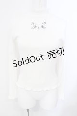 mon lily / キャット刺繍リブトップス M シロ O-25-07-08-013-LO-TO-OW-OS