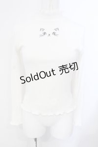 mon lily / キャット刺繍リブトップス M シロ O-25-07-08-013-LO-TO-OW-OS