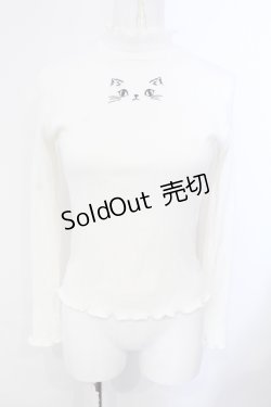 画像1: mon lily / キャット刺繍リブトップス M シロ O-25-07-08-013-LO-TO-OW-OS