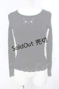 mon lily / キャット刺繍Uネックリブトップス M クロ O-25-07-08-014-LO-TO-OW-OS