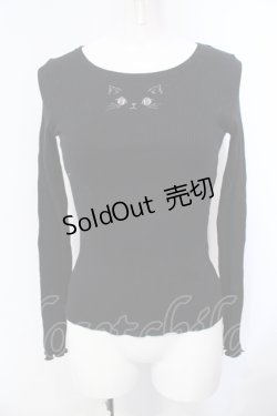 画像1: mon lily / キャット刺繍Uネックリブトップス M クロ O-25-07-08-014-LO-TO-OW-OS