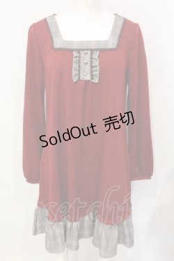 画像1: axes femme / グレンチェック切り替えスクエアカラーワンピース  ワイン×グレー O-25-07-17-099-AX-OP-IG-OS