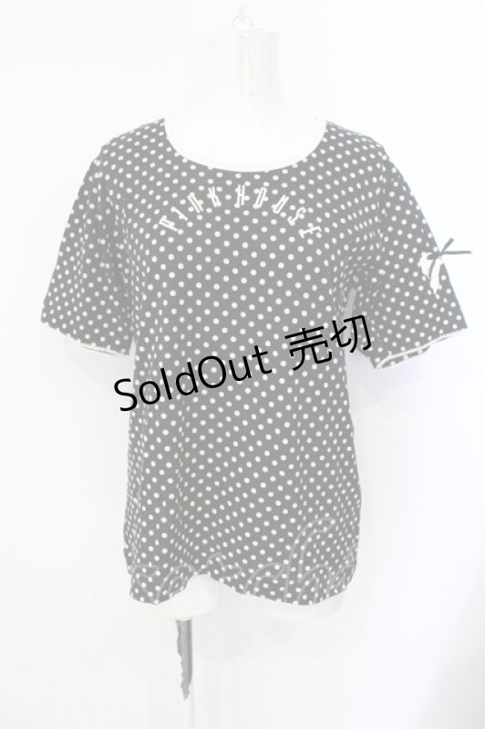 画像1: PINK HOUSE / リボンドット半袖Tシャツ L クロ×シロ O-25-07-17-021-LO-TO-IG-ZT224 (1)