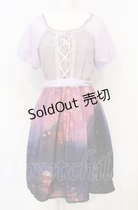 axes femme POETIQUE / パフ袖パネル柄ワンピース M ラベンダー O-25-07-21-073-AX-OP-OW-OS