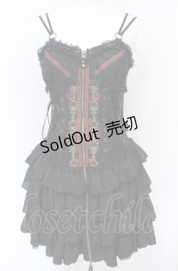 画像1: Ozz Croce / 薔薇刺繍サイド編み上げビスチェワンピース  ブラック×レッド O-25-07-21-087-OO-OP-OW-OS