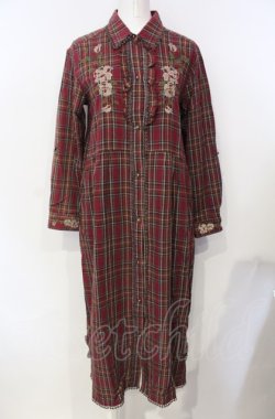 画像1: axes femme / 刺繍入りロングシャツワンピース  ワイン O-25-07-26-071-AX-OP-IG-OS