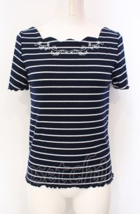 axes femme / 刺繍入りボーダーカットソー M ネイビー O-25-07-28-054-AX-TO-OW-OS