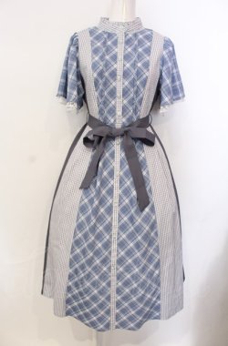 画像1: axes femme / チェック切替パッチワークワンピース F サックス O-25-07-28-022-AX-OP-OW-OS