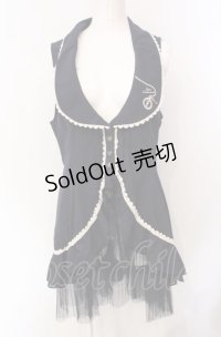 axes femme / 刺繍入りロングベスト M ネイビー O-25-07-29-073-AX-TO-IG-OS