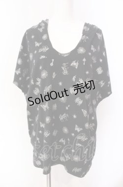 画像1: ALGONQUINS / ラメプリント総柄スクエアフーディ  ブラック O-25-08-02-077-AL-TO-IG-OS