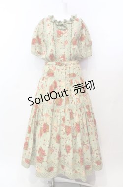 画像1: PINK HOUSE / ジャム瓶&いちごバスケット柄半袖ワンピース  グリーン O-25-08-05-031-LO-OP-YM-OS
