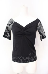 Qutie Frash / プリントスリーブTシャツ【旧タグ】  ブラック×シルバー O-25-08-09-018-QU-TO-IG-ZI