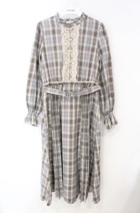 axes femme / プリーツ切替チェック柄ワンピース M サックス系 O-25-08-13-075-AX-OP-OW-OS