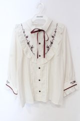 axes femme / バラ刺繍ヨーク切替七分袖ブラウス L キナリ O-25-08-13-081-AX-BL-OW-OS