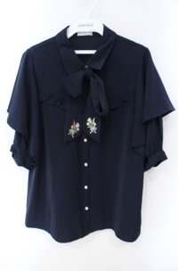 axes femme / ブーケリボン刺繍ブラウス M ネイビー O-25-08-13-091-AX-BL-OW-OS