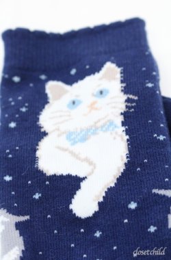 画像2: PINK HOUSE / さざ波とねこモチーフソックス  ネイビー O-25-08-18-036-LO-ZA-IG-OS