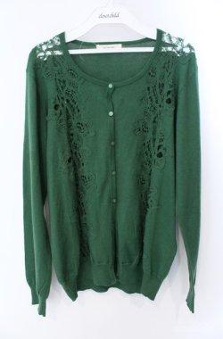 画像1: INGEBORG / 透かしレースカシミヤ混カーディガン 11号 グリーン O-25-08-21-044-LO-TO-OW-ZI