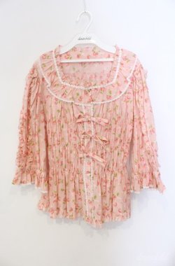 画像1: metamorphose / 【プラスサイズ】スクエアあきフリルブラウス（五分袖）  イチゴプリントピンク O-25-08-21-078-ME-BL-OW-OS