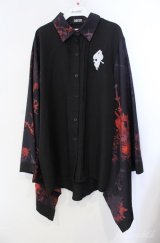 NieR Clothing / 着物風袖ブロッキングシャツ  ブラック×彼岸花レッド O-25-08-21-096-PU-BL-IG-OS