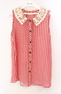 axes femme / レースカラーノースリーブブラウス  アイボリー×アカ O-25-08-21-014-AX-BL-IG-OS