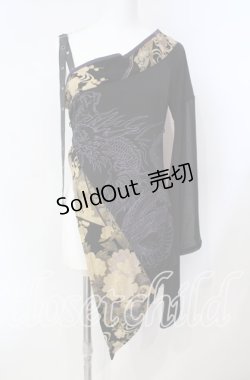 画像1: Qutie Frash / ワンショルダー和柄着物袖チュニック  ブラック O-25-08-23-004-QU-TO-OW-OS