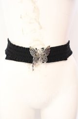 axes femme / 蝶と鍵ゴムベルト  シルバー×クロ O-25-08-23-1012-AX-ZA-IG-OS