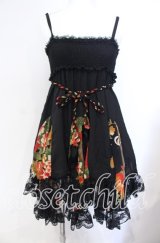 Qutie Frash / シャーリングランダムキャミワンピース  ブラック×オレンジ O-25-08-25-1002-QU-OP-IG-OS