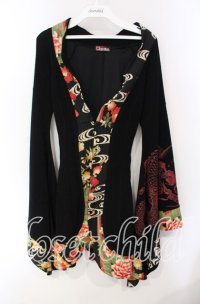 Qutie Frash / サイドレースアップ着物カーデ  ブラック×オレンジ O-25-08-25-1029-QU-TO-IG-ZT186