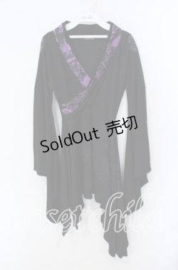 画像1: Qutie Frash / 和柄切替振袖ワンピース  ブラック×パープル O-25-08-28-022-QU-OP-OW-OS