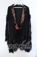 Qutie Frash / ちりめん切り替え梨地着物カーデ  ブラック O-25-08-28-025-QU-TO-OW-ZT186