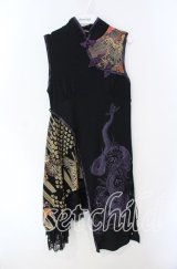 Qutie Frash / ちりめん和柄チャイナボタンワンピース  ブラック O-25-08-28-029-QU-OP-OW-ZT163