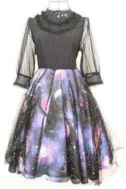 画像1: Favorite / 宇宙柄×星空チュールワンピース  ブラックｘブルー O-25-09-04-1026-LO-OP-YM-OS