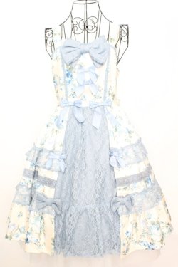 画像1: axes femme kawaii / アンティークローズ柄ジャンパースカート M アイボリーｘブルー O-25-09-04-1031-AX-OP-YM-OS