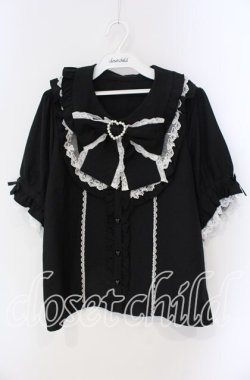 画像1: DearMyLove / 丸襟フリルヨークレースリボンブラウス 3L クロ×シロ O-25-09-09-043-EL-BL-IG-OS