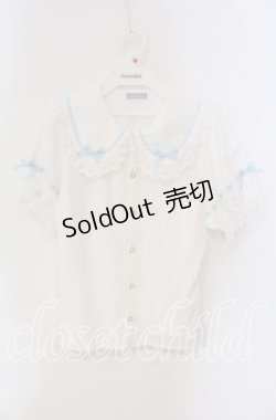 画像1: axes femme kawaii / 梯子レース半袖ブラウス  シロ×サックス O-25-09-11-057-AX-BL-IG-OS