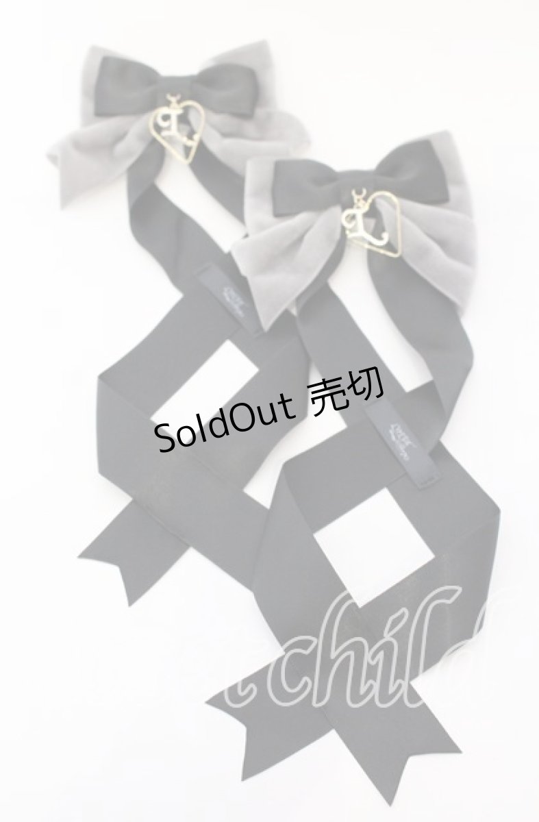 画像1: 【SALE】LOTUS ribbon / ツインリボンバレッタ  クロ×グレーベロア×ロゴモチーフ O-25-09-12-069-EL-AC-OW-ZT485-F001 (1)