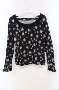 PINK HOUSE / ピコフリル使い花柄カットソー M クロ O-25-09-13-041-LO-TO-OW-ZT243