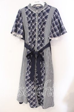 画像1: axes femme / チェック切替パッチワークワンピース F ネイビー O-25-09-16-045-AX-OP-OW-OS