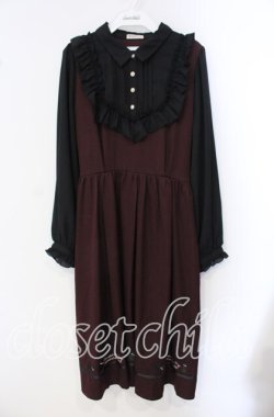 画像1: axes femme / キャット刺繍ドッキングワンピース F ワイン×クロ O-25-09-16-050-AX-OP-OW-OS