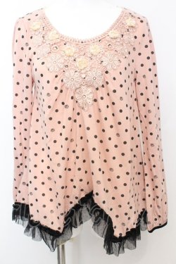画像1: axes femme / フラワーモチーフイレヘムカットソー M サーモンピンク O-25-09-25-1014-AX-TO-IG-OS