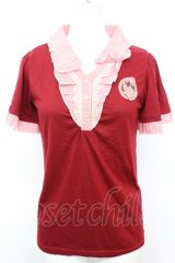 axes femme / ストライプ使い襟付半袖プルオーバー M アカ O-25-09-25-1020-AX-TO-IG-ZT038