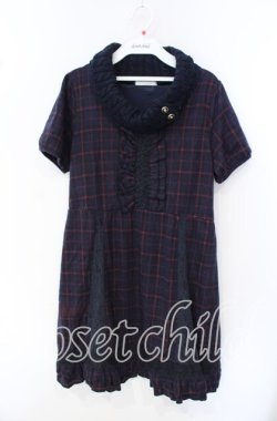 画像1: axes femme / チェック柄ハイネックニットワンピース M ネイビー O-25-09-27-024-AX-OP-OW-OS