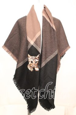 画像1: axes femme / 猫刺繍ピン付き大判ストール  ブラウン×クロ O-25-10-11-1062-AX-ZA-IG-OS